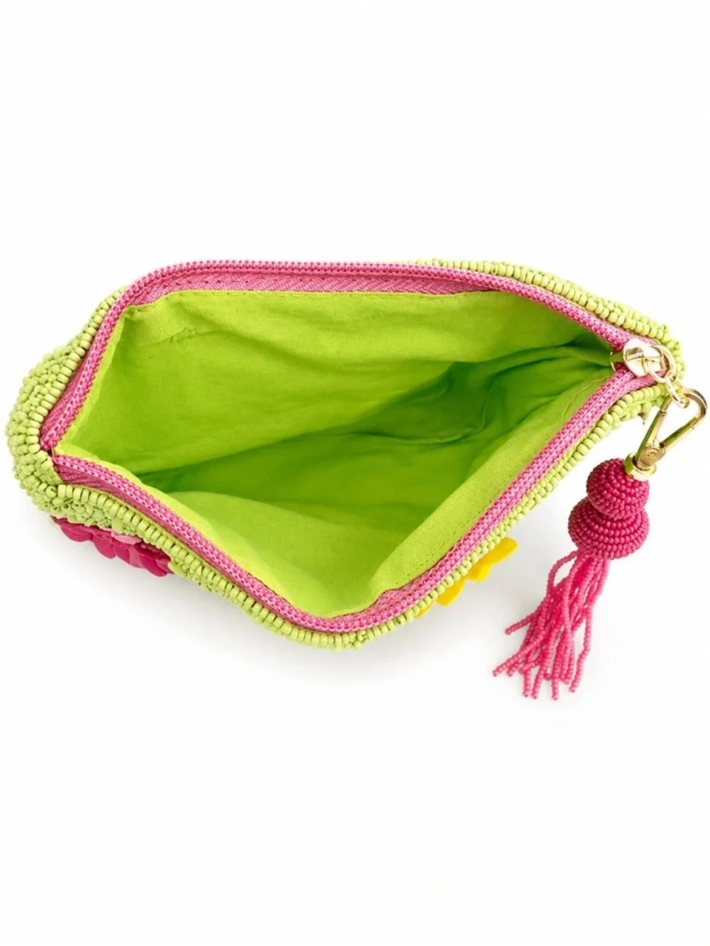Handmade Floral Beaded Zip Clutch - Green with Pink & Yellow Flowers NWT